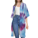 Blue And Purple Spiral Tie Dye Print Open Front Beach Cover Up