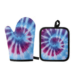 Blue And Purple Spiral Tie Dye Print Oven Mitt And Pot Holder Set