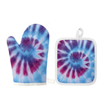 Blue And Purple Spiral Tie Dye Print Oven Mitt And Pot Holder Set