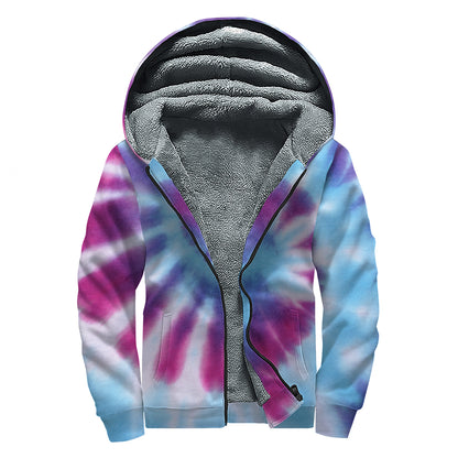Blue And Purple Spiral Tie Dye Print Sherpa Lined Zip Up Hoodie