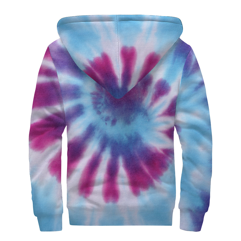 Blue And Purple Spiral Tie Dye Print Sherpa Lined Zip Up Hoodie