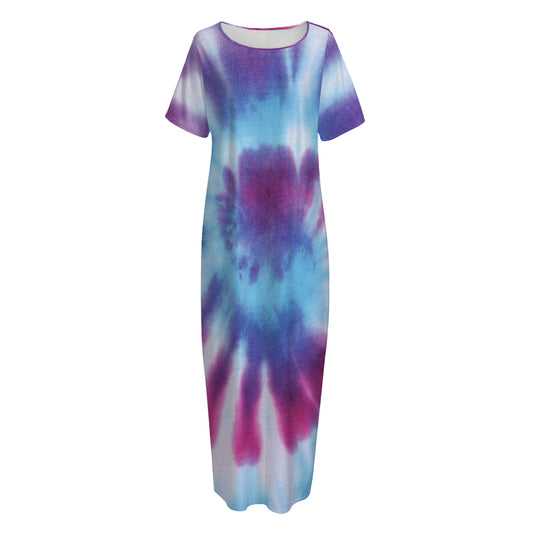 Blue And Purple Spiral Tie Dye Print Short Sleeve Long Nightdress