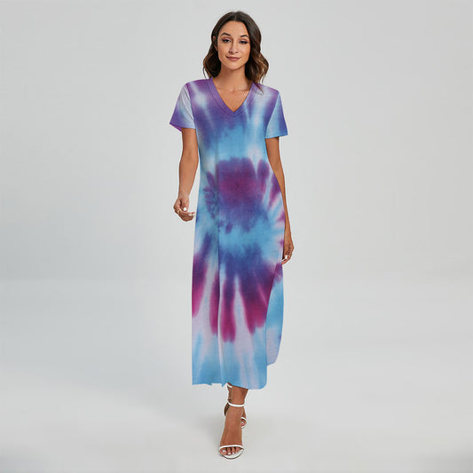 Blue And Purple Spiral Tie Dye Print Short Sleeve Maxi Dress