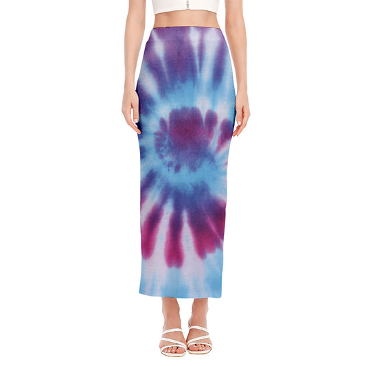 Blue And Purple Spiral Tie Dye Print Side Slit Maxi Skirt
