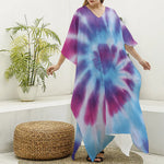Blue And Purple Spiral Tie Dye Print Silk V-Neck Kaftan Dress