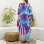 Blue And Purple Spiral Tie Dye Print Silk V-Neck Kaftan Dress