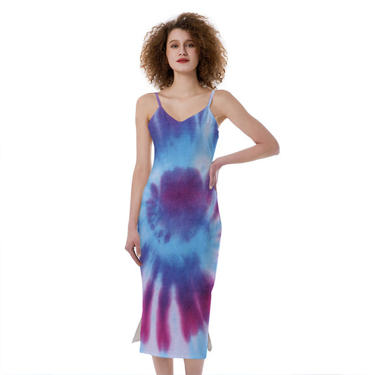 Blue And Purple Spiral Tie Dye Print Slim Fit Midi Cami Dress