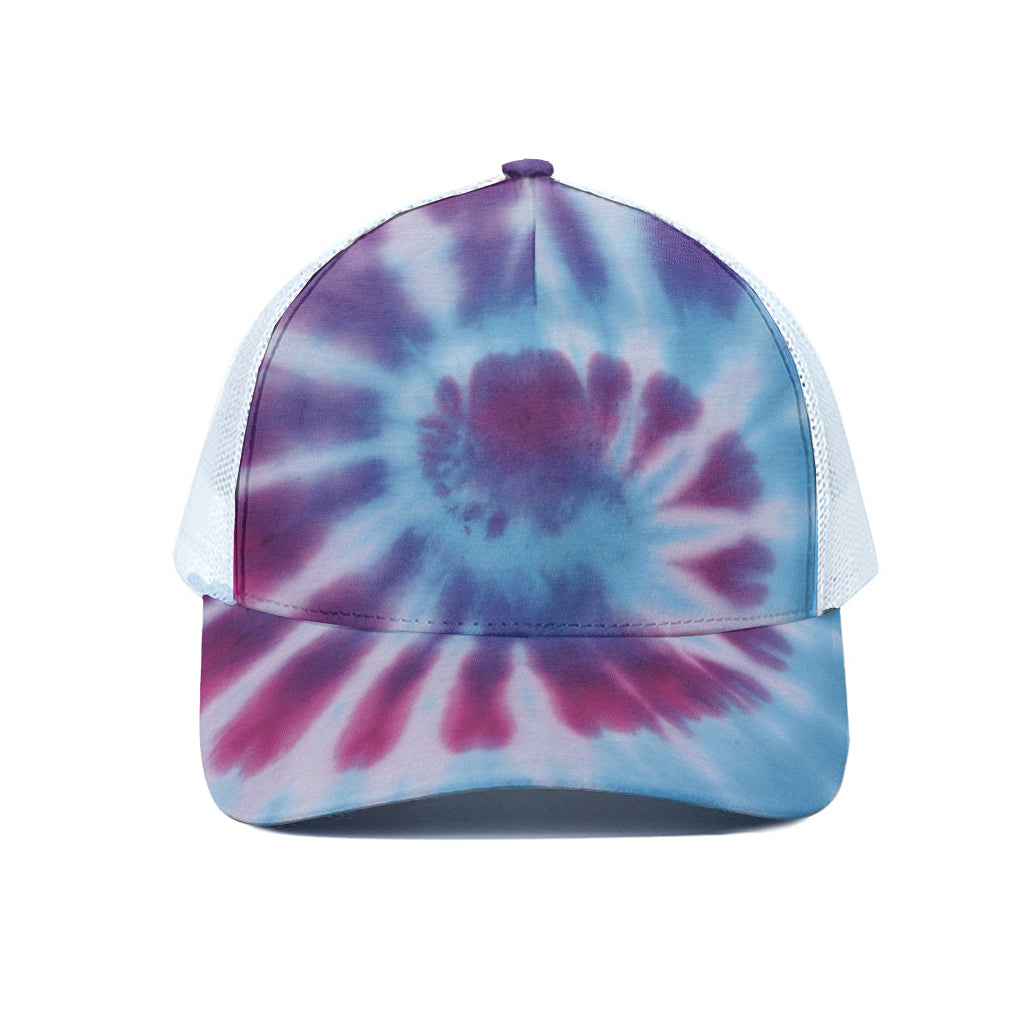 Blue And Purple Spiral Tie Dye Print White Mesh Trucker Cap