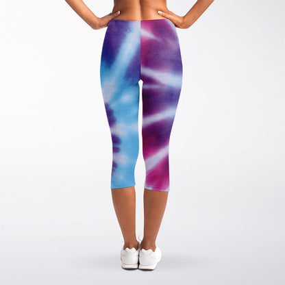 Blue And Purple Spiral Tie Dye Print Women's Capri Leggings
