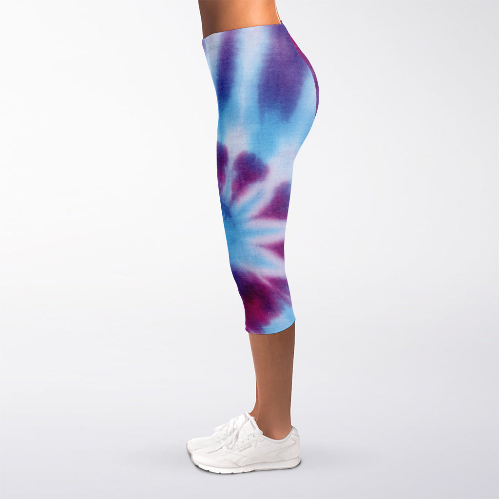 Blue And Purple Spiral Tie Dye Print Women's Capri Leggings