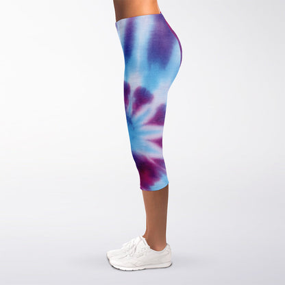 Blue And Purple Spiral Tie Dye Print Women's Capri Leggings