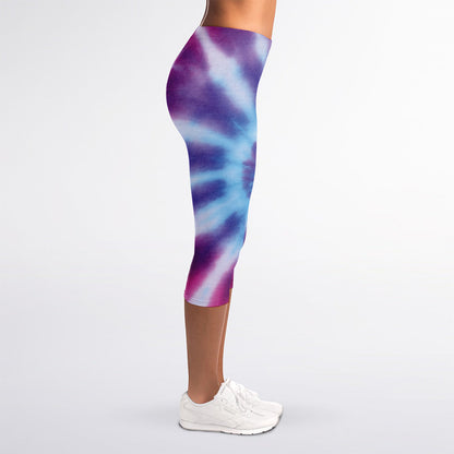 Blue And Purple Spiral Tie Dye Print Women's Capri Leggings