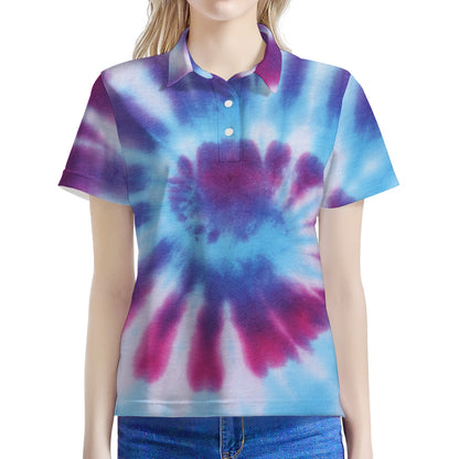 Blue And Purple Spiral Tie Dye Print Women's Polo Shirt