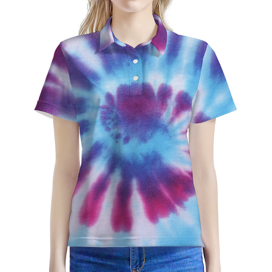Blue And Purple Spiral Tie Dye Print Women's Polo Shirt
