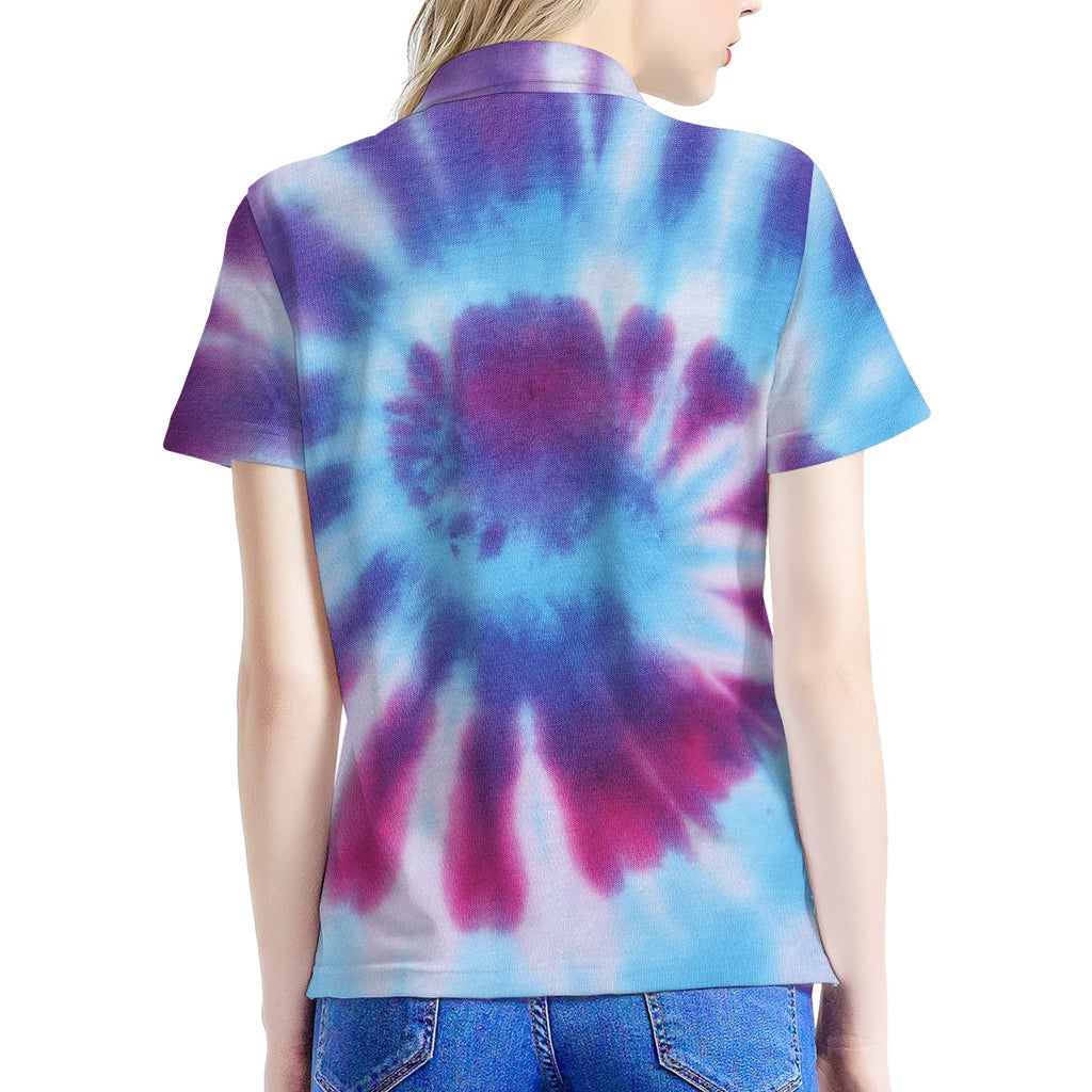 Blue And Purple Spiral Tie Dye Print Women's Polo Shirt