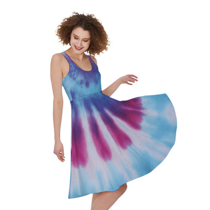 Blue And Purple Spiral Tie Dye Print Women's Sleeveless Dress