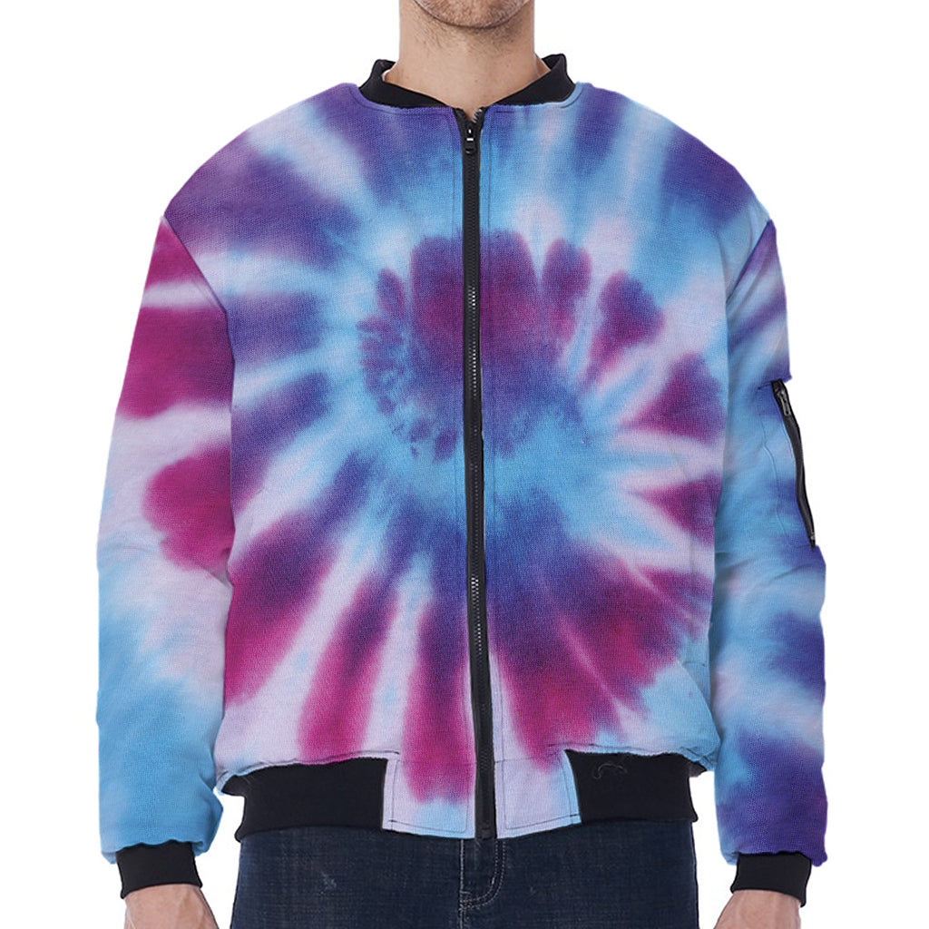 Blue And Purple Spiral Tie Dye Print Zip Sleeve Bomber Jacket