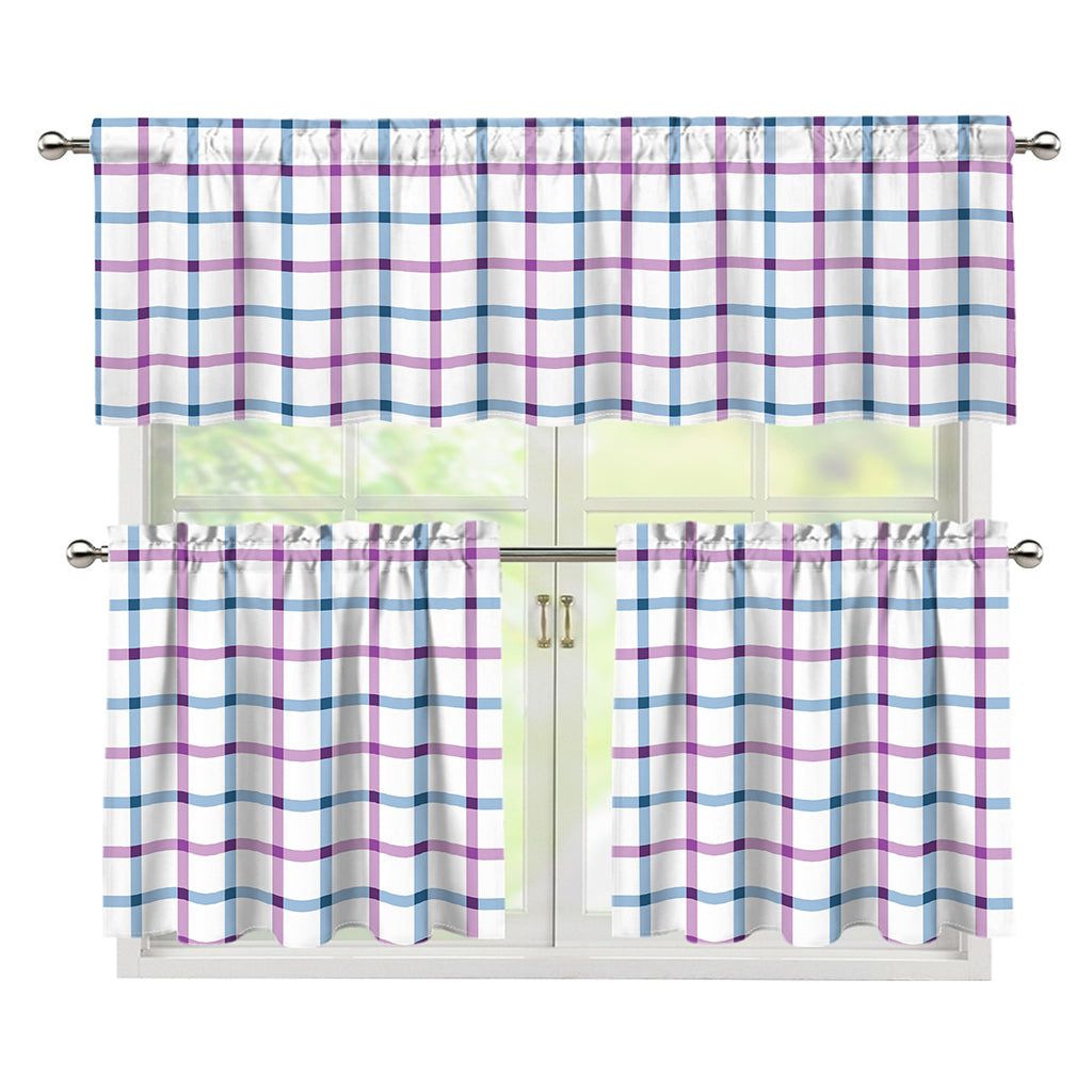 Blue And Purple Tattersall Pattern Print 3 Piece Kitchen Curtains