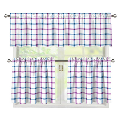 Blue And Purple Tattersall Pattern Print 3 Piece Kitchen Curtains