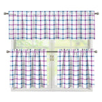 Blue And Purple Tattersall Pattern Print 3 Piece Kitchen Curtains