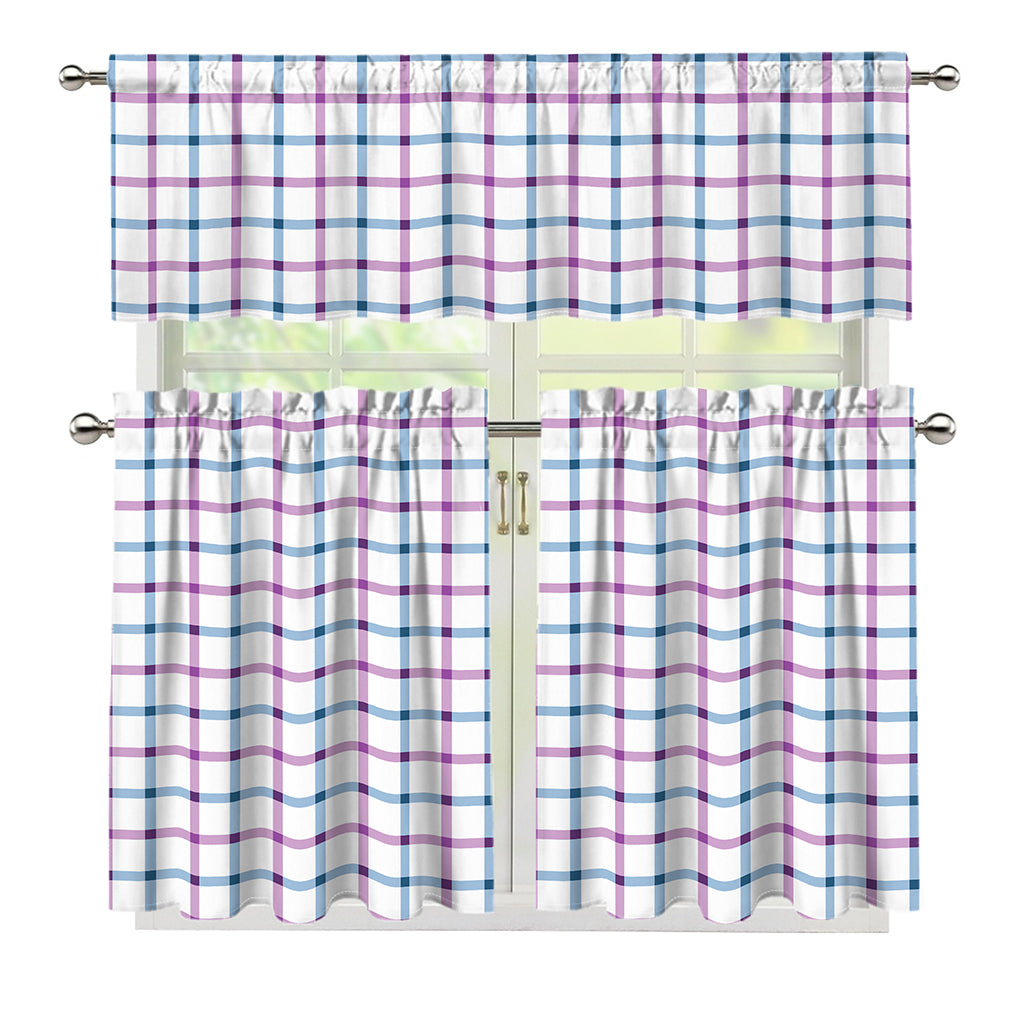 Blue And Purple Tattersall Pattern Print 3 Piece Kitchen Curtains