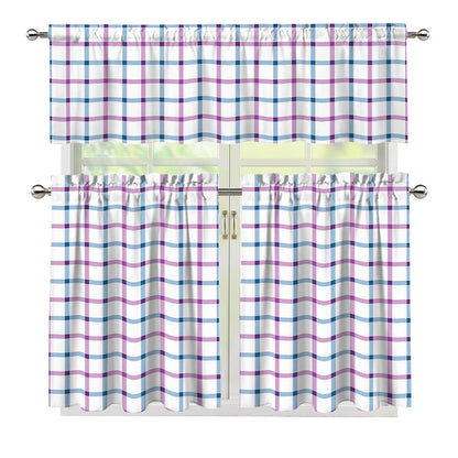 Blue And Purple Tattersall Pattern Print 3 Piece Kitchen Curtains