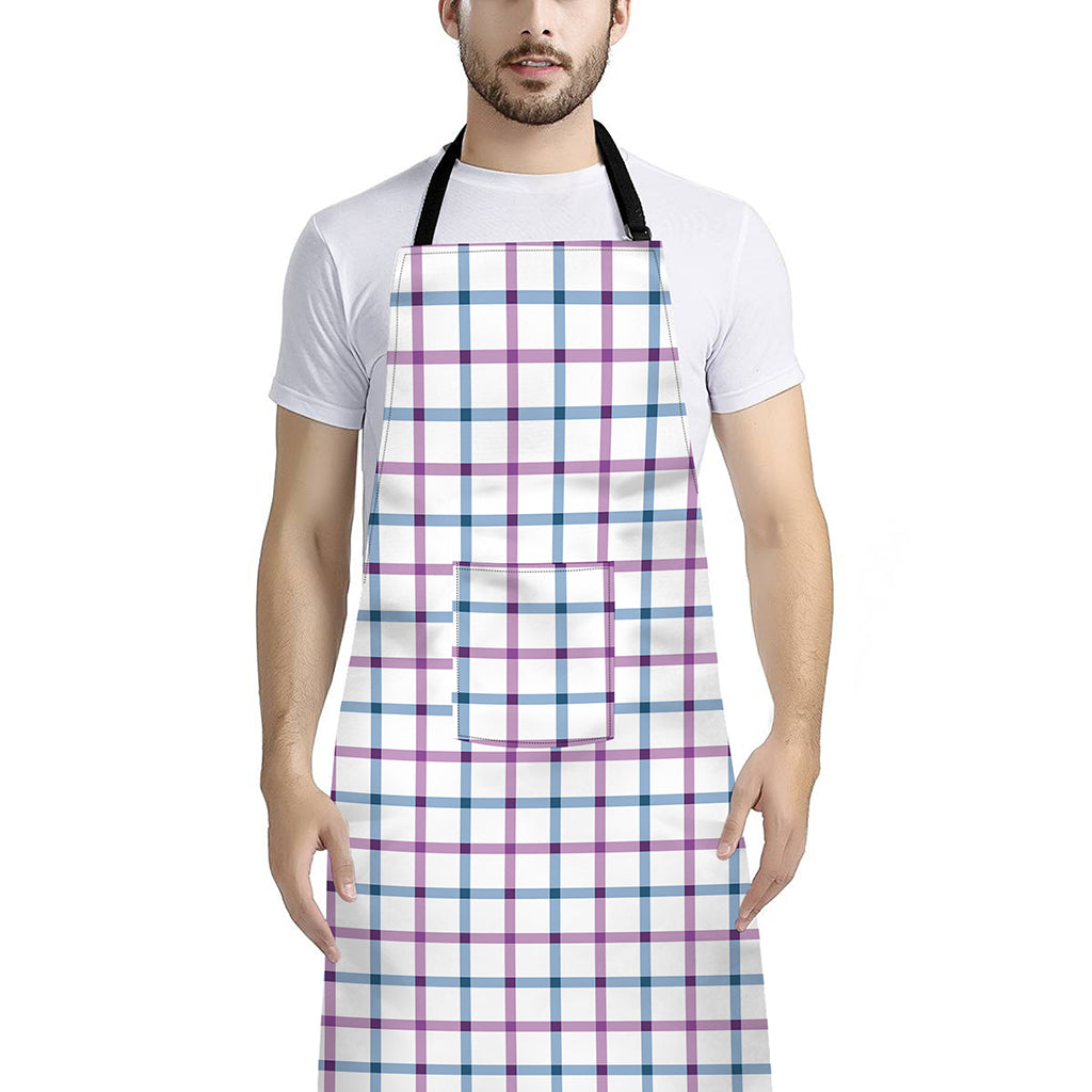 Blue And Purple Tattersall Pattern Print Bib Apron With Pocket
