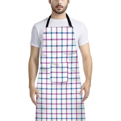 Blue And Purple Tattersall Pattern Print Bib Apron With Pocket