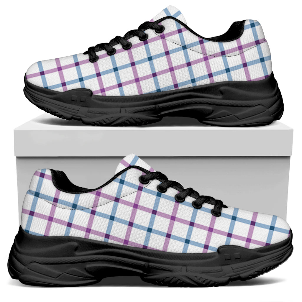 Blue And Purple Tattersall Pattern Print Black Chunky Shoes