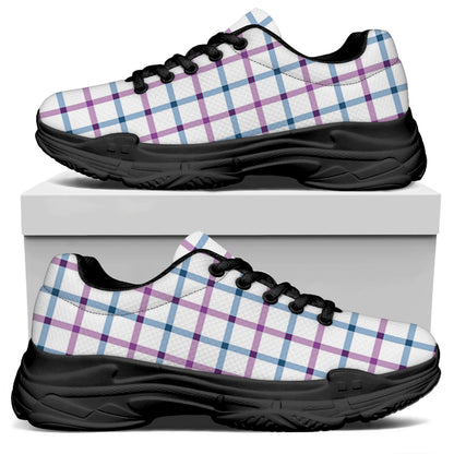 Blue And Purple Tattersall Pattern Print Black Chunky Shoes