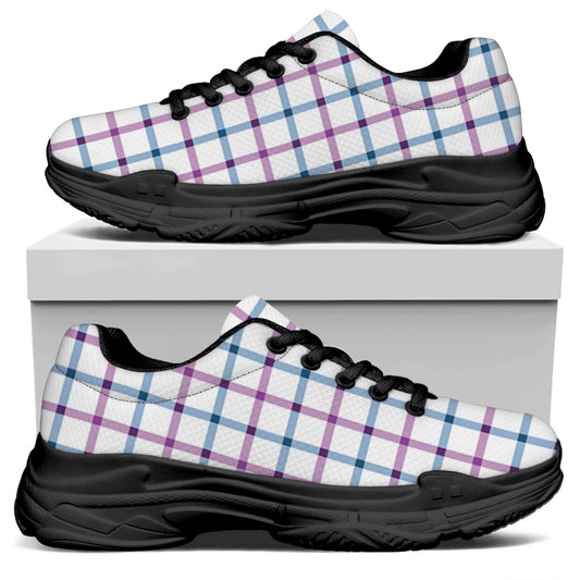 Blue And Purple Tattersall Pattern Print Black Chunky Shoes