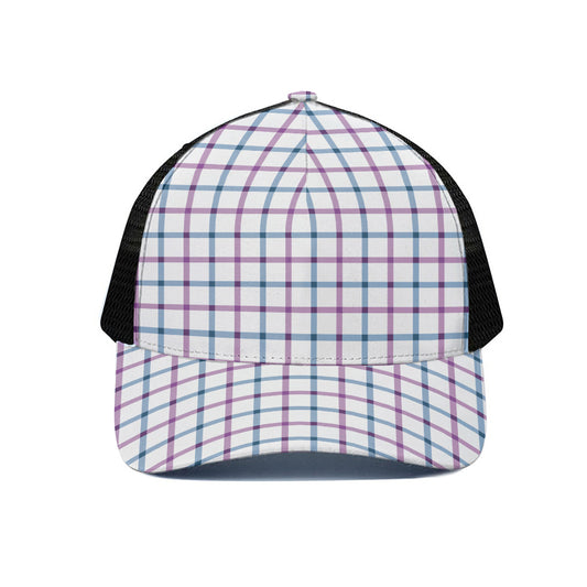 Blue And Purple Tattersall Pattern Print Black Mesh Trucker Cap