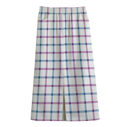 Blue And Purple Tattersall Pattern Print Cotton Front Slit Maxi Skirt