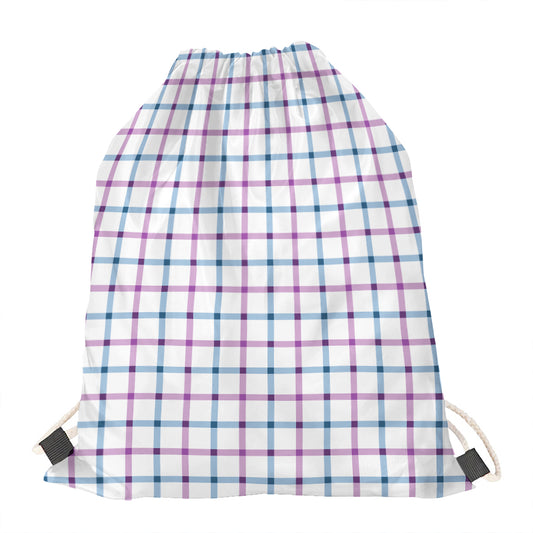 Blue And Purple Tattersall Pattern Print Drawstring Bag