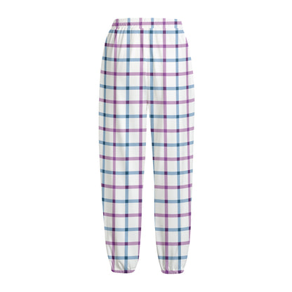 Blue And Purple Tattersall Pattern Print Fleece Lined Knit Pants
