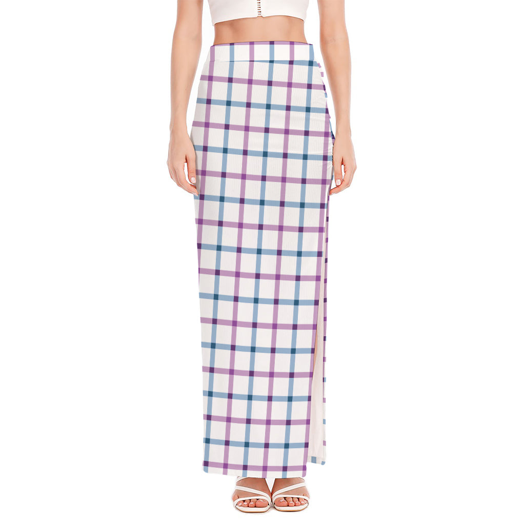 Blue And Purple Tattersall Pattern Print High Slit Maxi Skirt