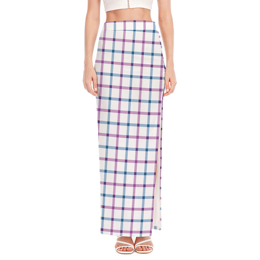 Blue And Purple Tattersall Pattern Print High Slit Maxi Skirt
