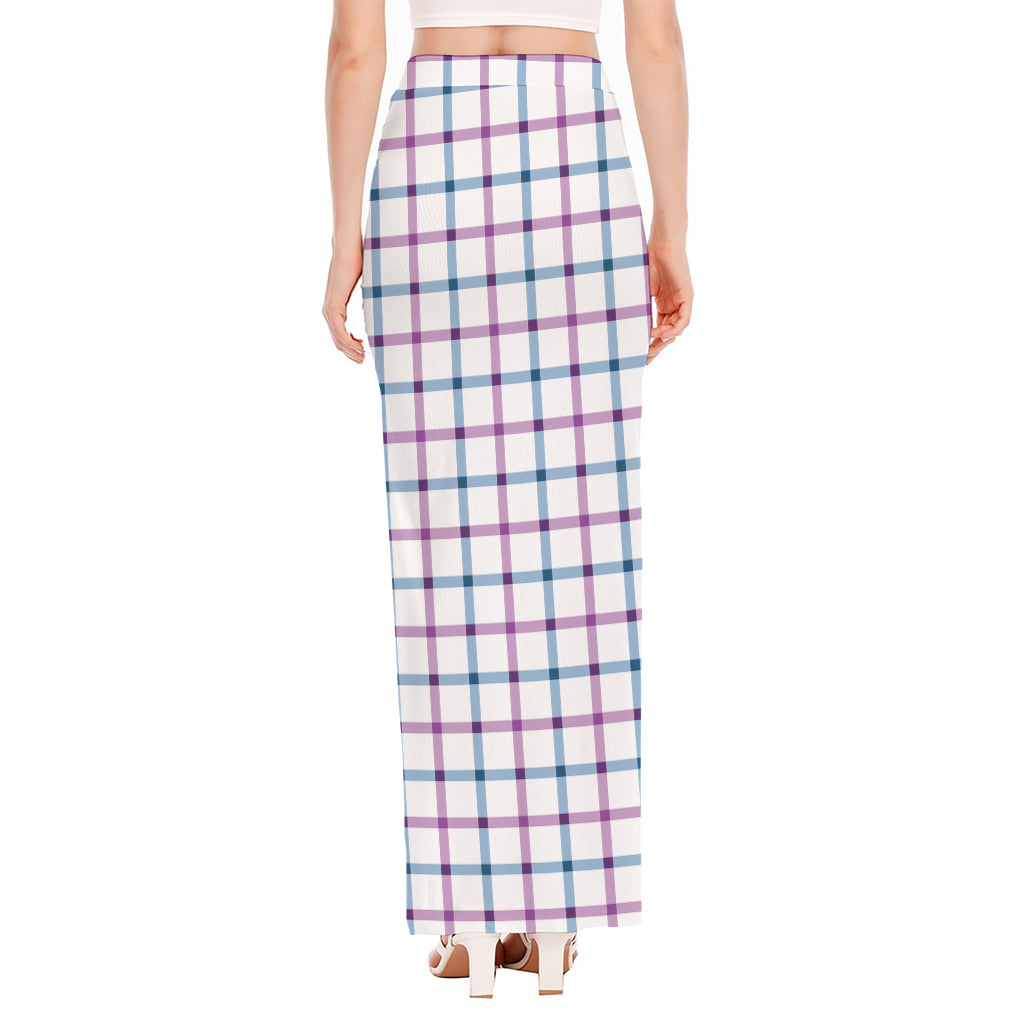 Blue And Purple Tattersall Pattern Print High Slit Maxi Skirt