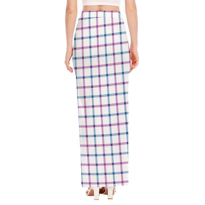 Blue And Purple Tattersall Pattern Print High Slit Maxi Skirt