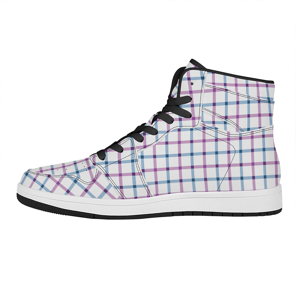 Blue And Purple Tattersall Pattern Print High Top Leather Sneakers