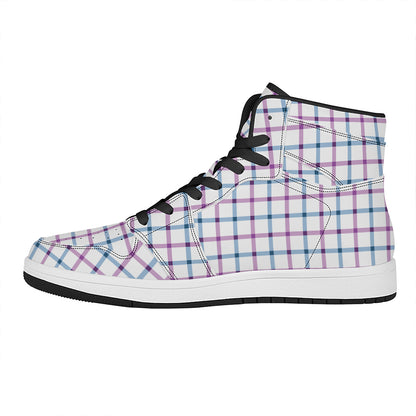 Blue And Purple Tattersall Pattern Print High Top Leather Sneakers