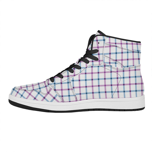 Blue And Purple Tattersall Pattern Print High Top Leather Sneakers