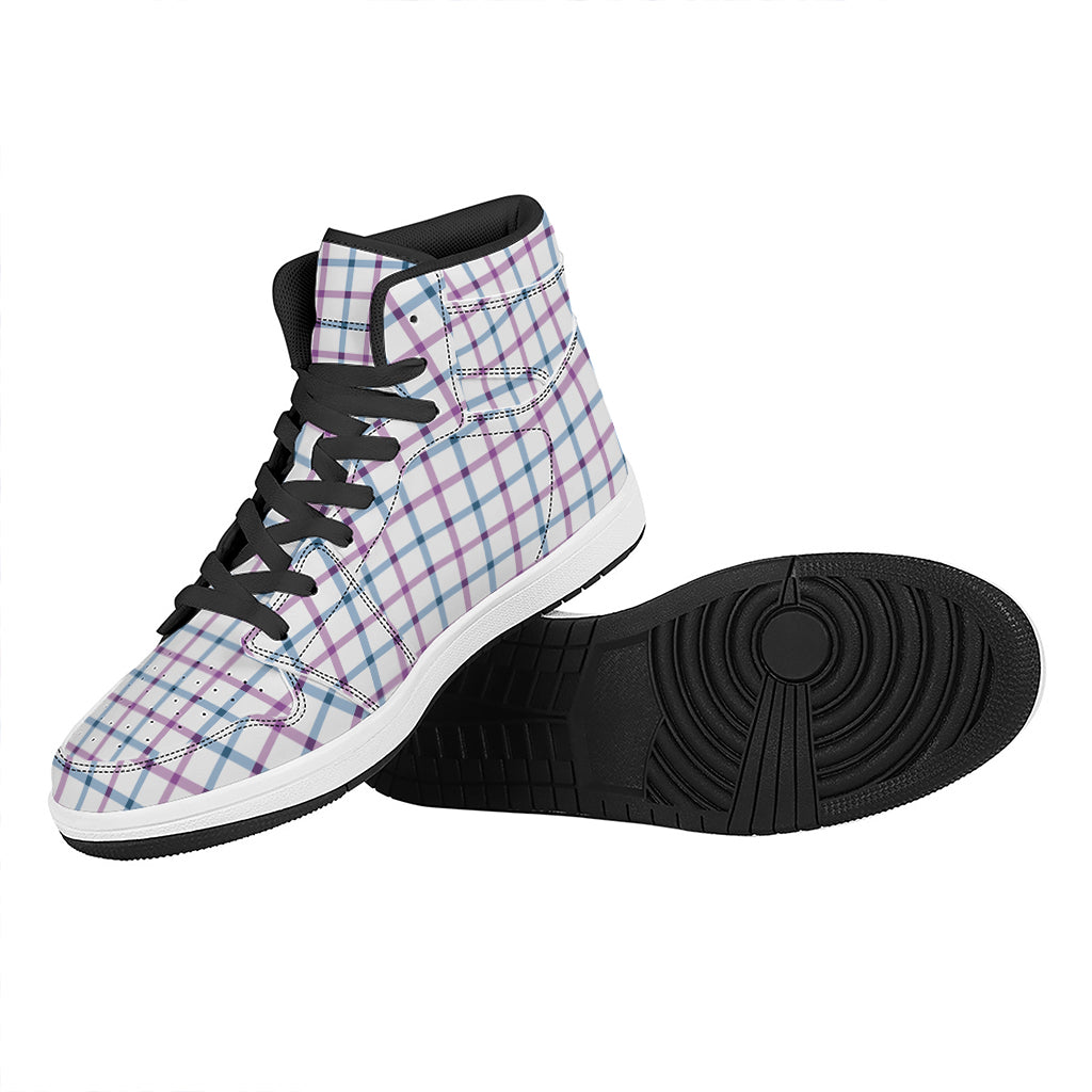 Blue And Purple Tattersall Pattern Print High Top Leather Sneakers
