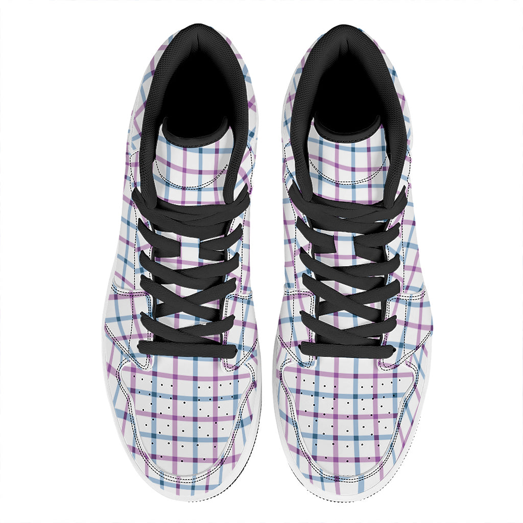 Blue And Purple Tattersall Pattern Print High Top Leather Sneakers