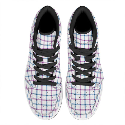 Blue And Purple Tattersall Pattern Print High Top Leather Sneakers