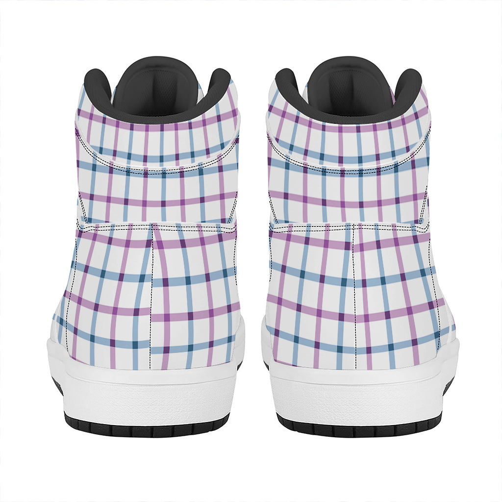 Blue And Purple Tattersall Pattern Print High Top Leather Sneakers