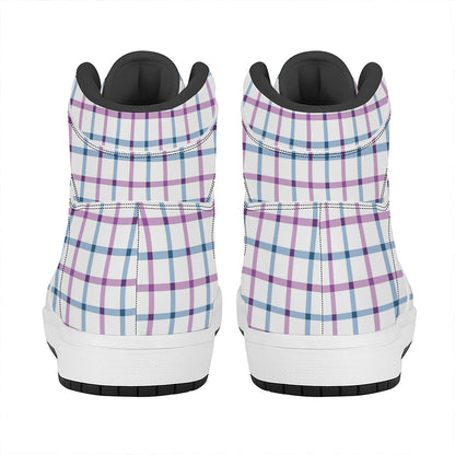 Blue And Purple Tattersall Pattern Print High Top Leather Sneakers