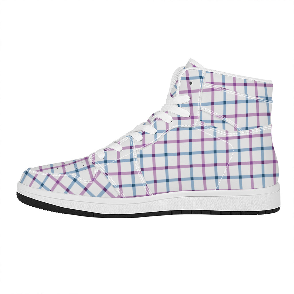 Blue And Purple Tattersall Pattern Print High Top Leather Sneakers