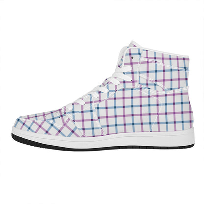 Blue And Purple Tattersall Pattern Print High Top Leather Sneakers