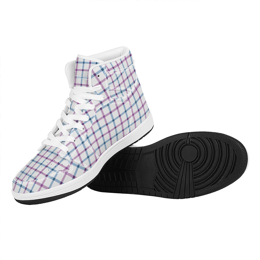 Blue And Purple Tattersall Pattern Print High Top Leather Sneakers